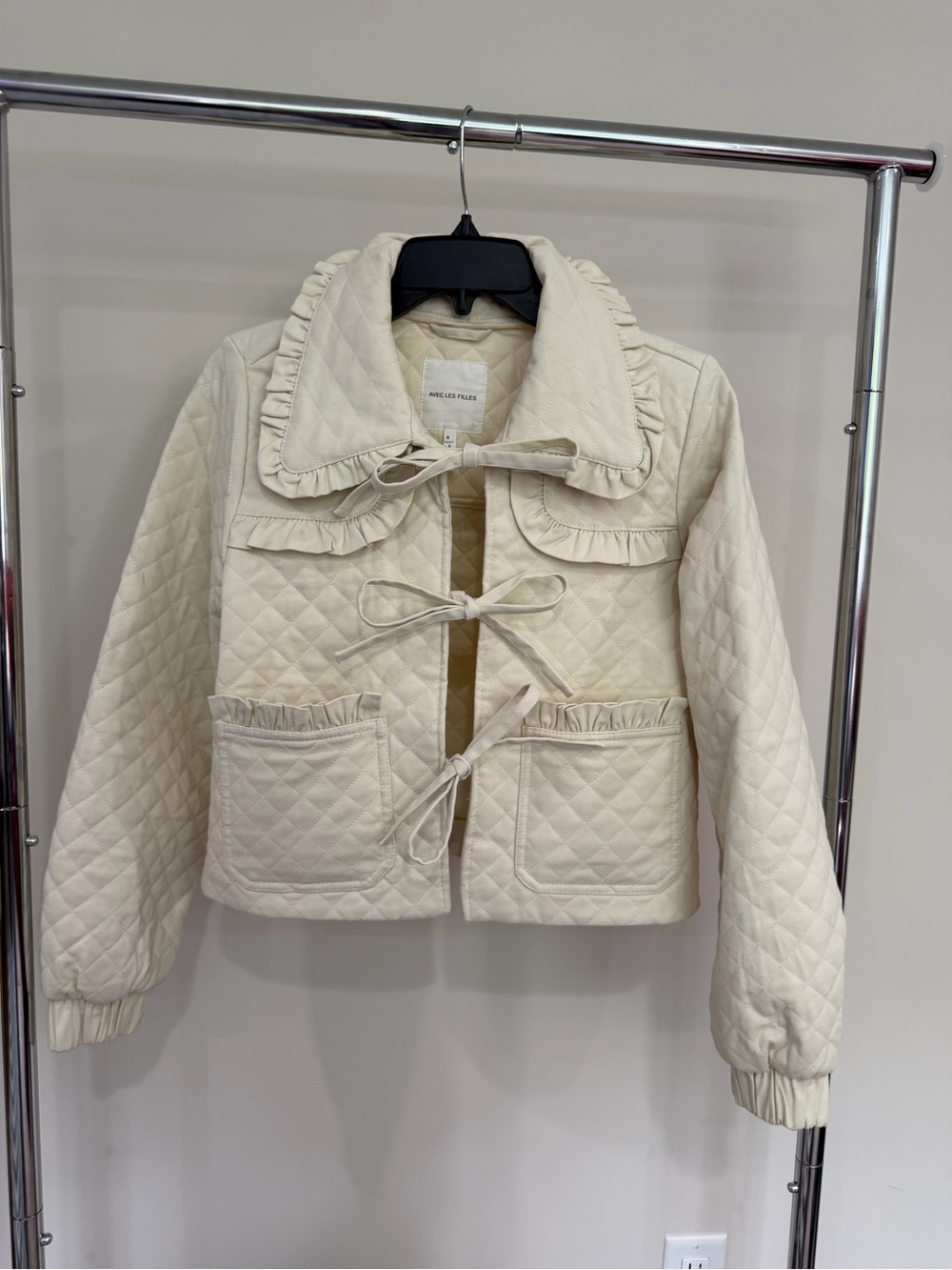 Avec Les Filles Anthropologie The Maura Bow Tie Denim Jacket Twee Coquette S